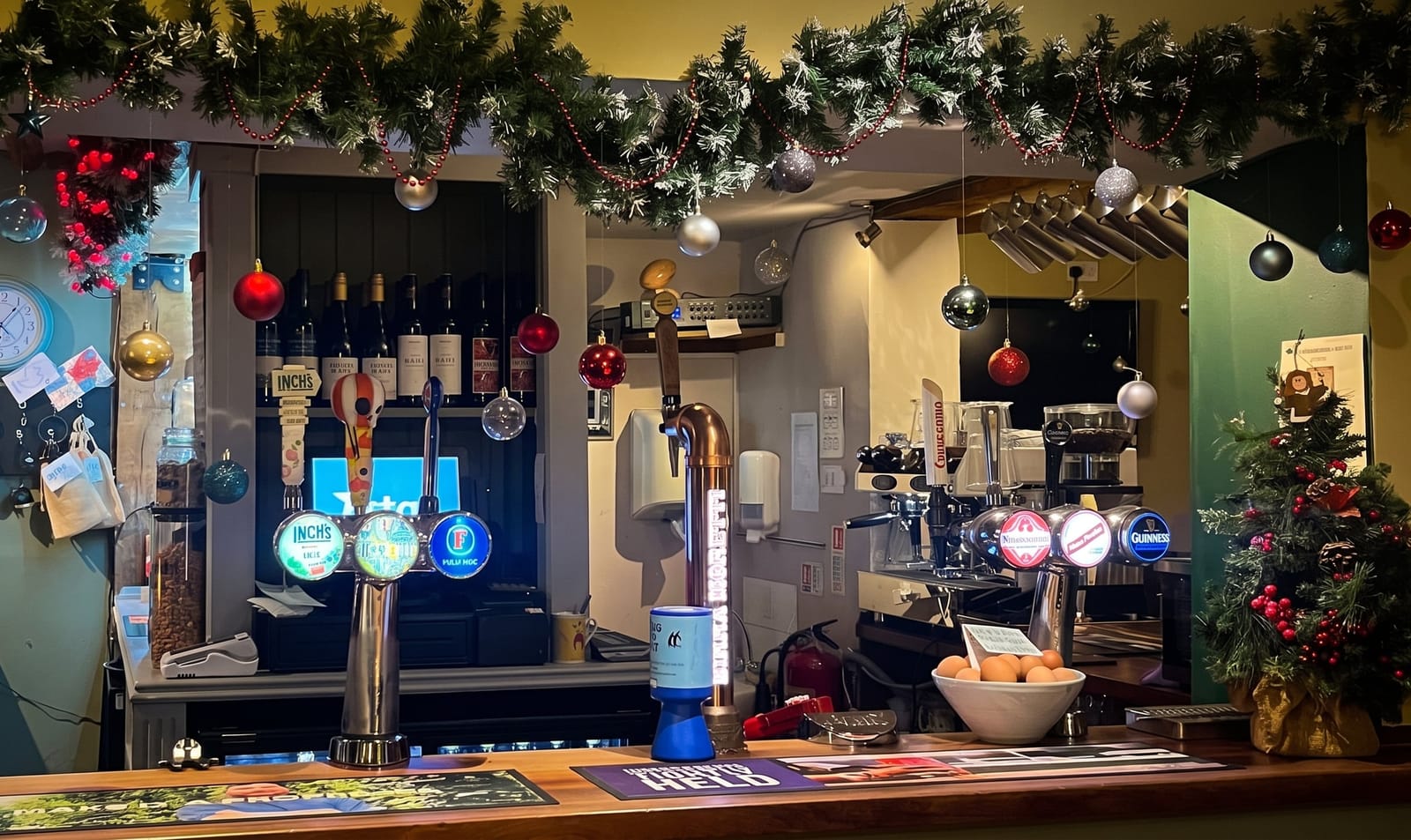 The bar decorated for Christmas