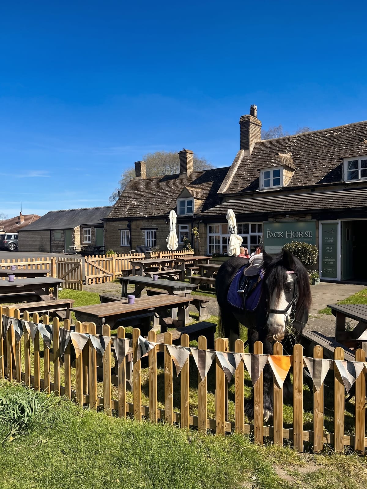 A horse outside the pub