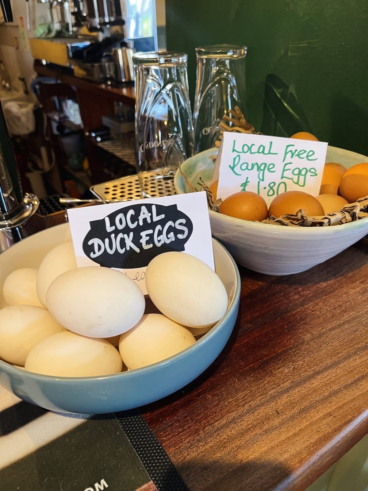 Local duck and free range eggs for sale on the bar
